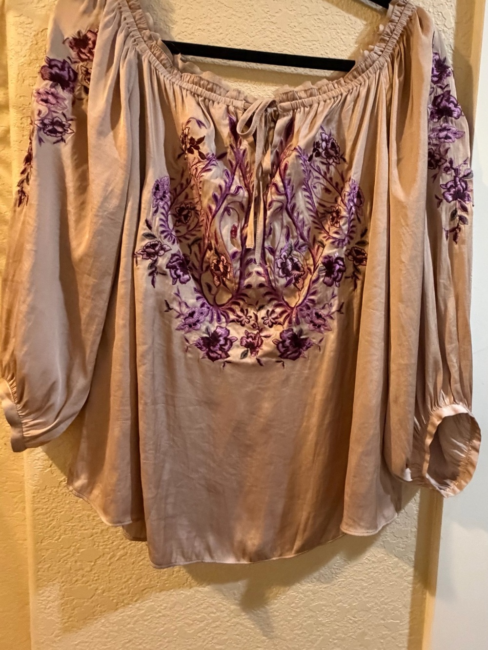 White House Black Market Beige Peasant Blouse with Purple Floral Embroidery